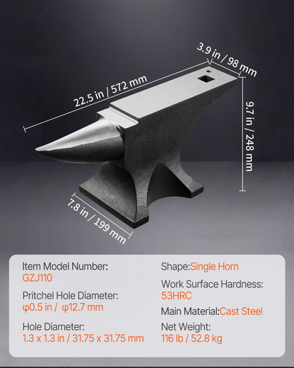 VEVOR Single Horn Anvil 110lbs Cast Steel Anvil Round Horn Anvil for Blacksmiths