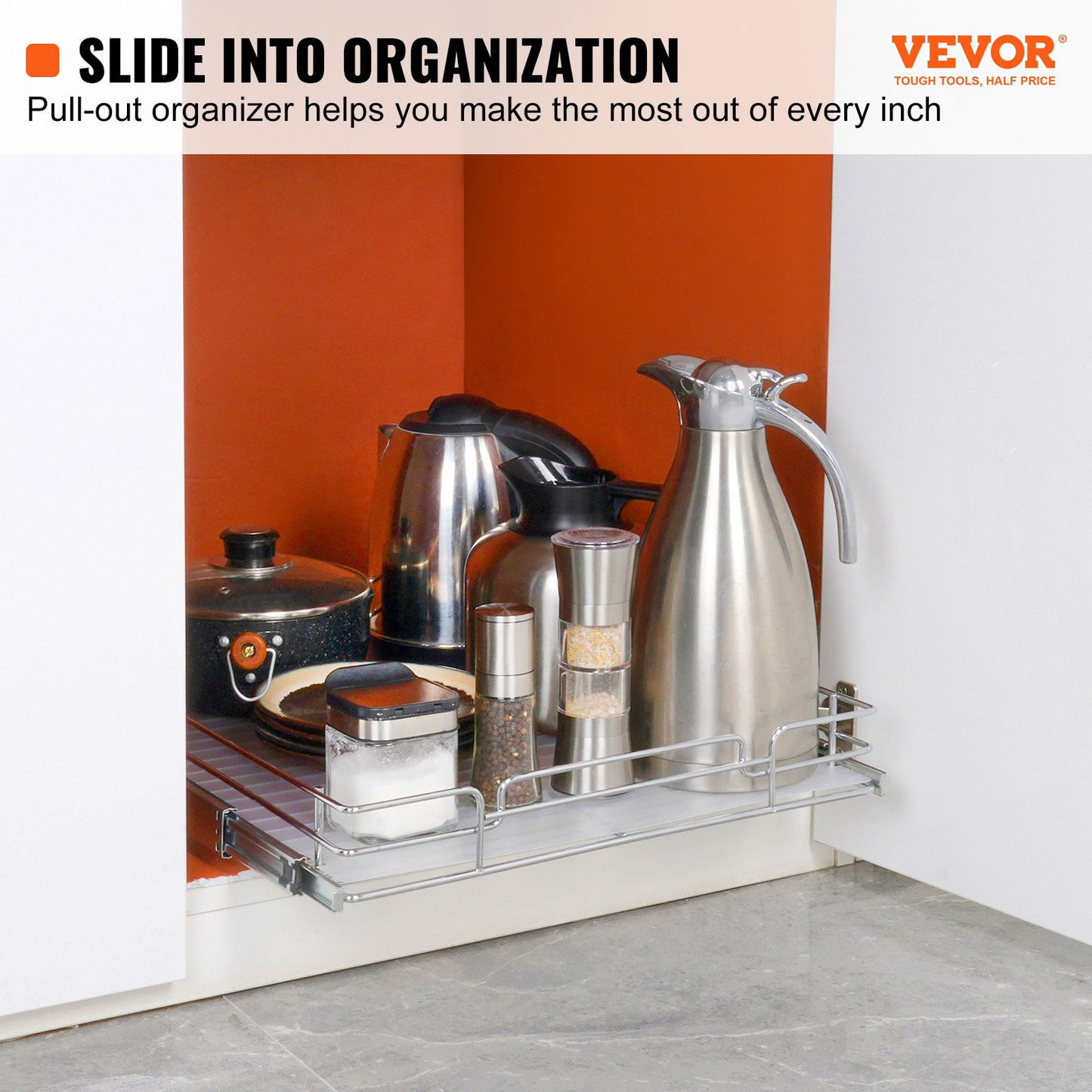 VEVOR 43.2 cm W x 53.3 cm D Pull Out Cabinet Organizer, Heavy Duty Slide Out Pantry Shelves, Chrome-Plated Steel Roll Out Drawers, Sliding Drawer Storage for Home, Inside Kitchen Cabinet, Bathroom, Under Sink