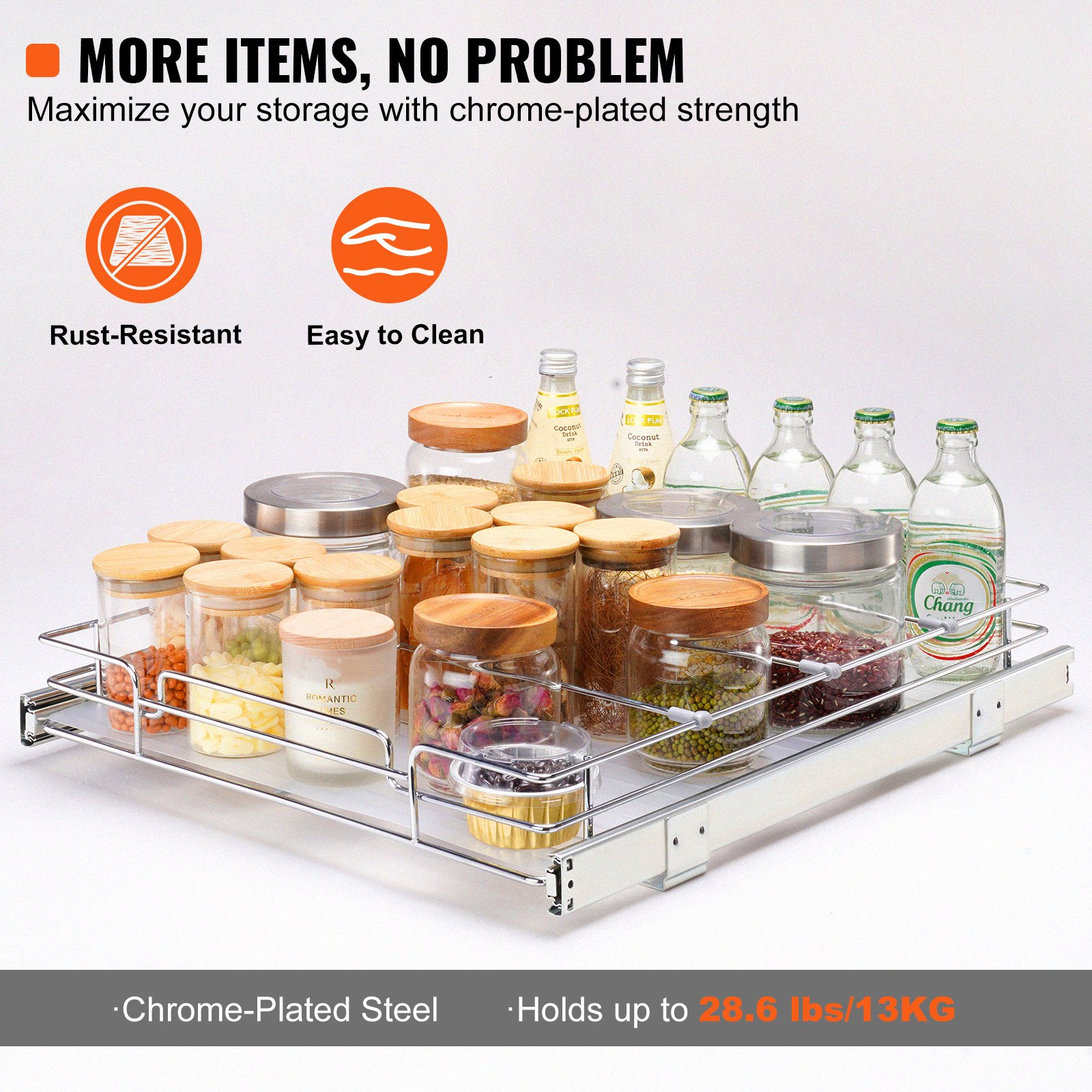 VEVOR 43.2 cm W x 53.3 cm D Pull Out Cabinet Organizer, Heavy Duty Slide Out Pantry Shelves, Chrome-Plated Steel Roll Out Drawers, Sliding Drawer Storage for Home, Inside Kitchen Cabinet, Bathroom, Under Sink