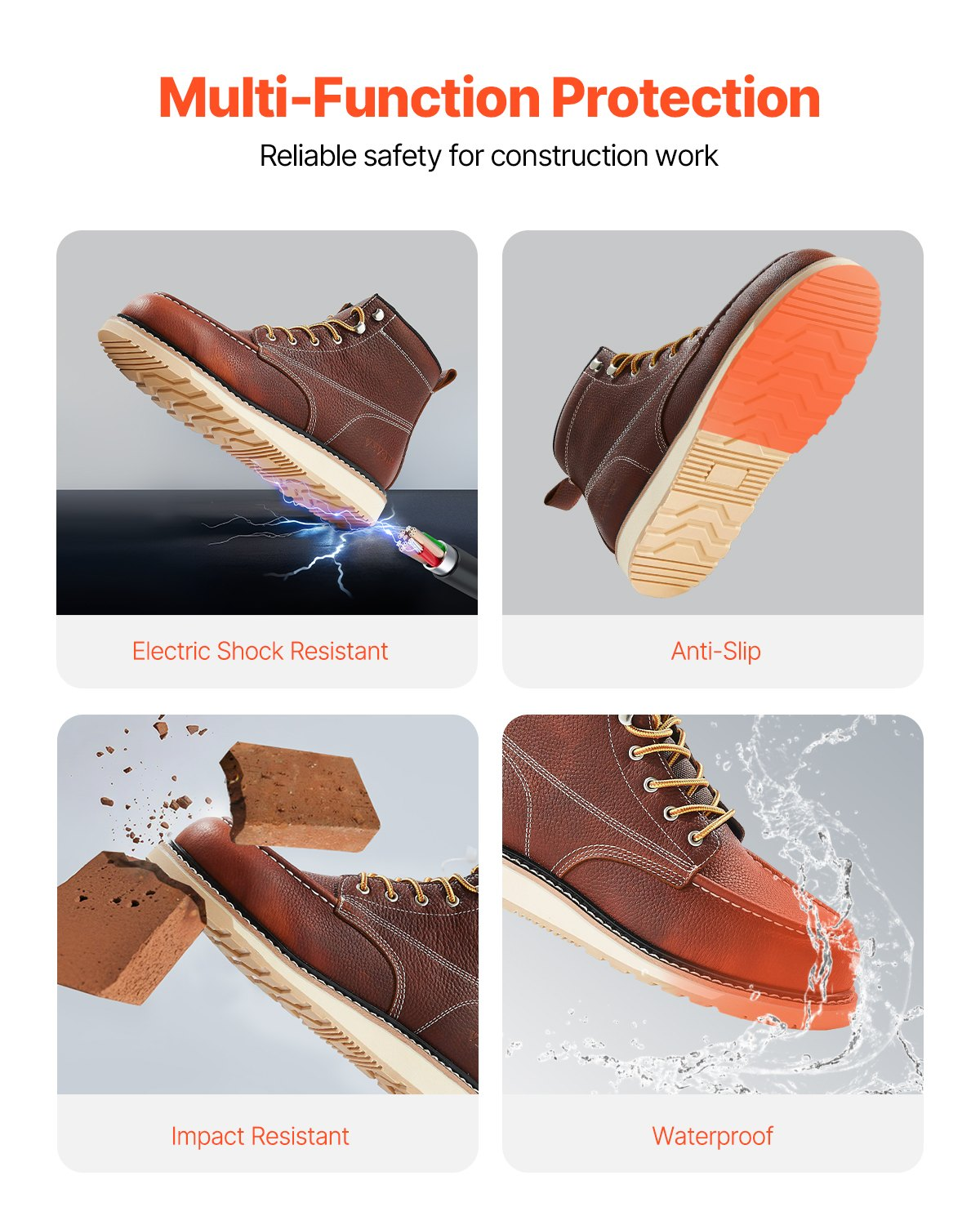 VEVOR Steel Toe Work Boots UK Size 7.5 Waterproof Moc Toe for Men Slip-Resistant