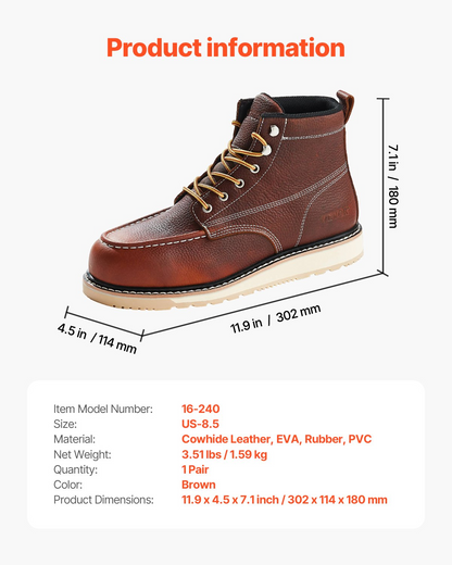 VEVOR Steel Toe Work Boots UK Size 7.5 Waterproof Moc Toe for Men Slip-Resistant