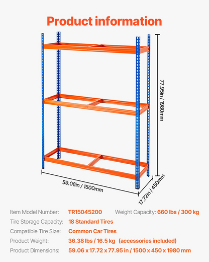 VEVOR Tire Storage Rack 3-Shelf Tire Holder Stand Holds up to 18 Standard Tires
