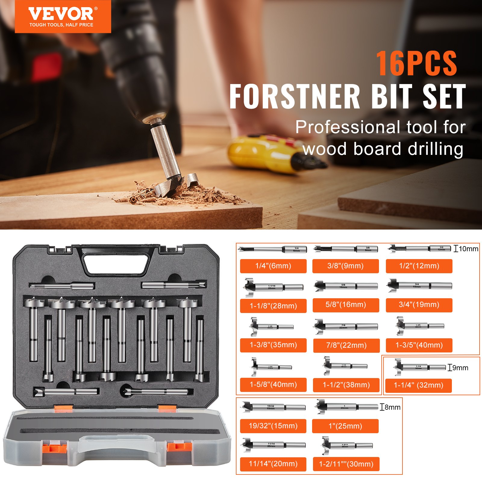 VEVOR Forstner Bit Set, 16 Pcs Forstner Drill Bits Set, 6.4mm to 41.3mm, Carbon Steel, with Universal Round Shank, Forstner Drill Bit for Wood and Composite Board, Forstner Bits for Woodworking