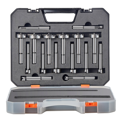 VEVOR Forstner Bit Set, 16 Pcs Forstner Drill Bits Set, 6.4mm to 41.3mm, Carbon Steel, with Universal Round Shank, Forstner Drill Bit for Wood and Composite Board, Forstner Bits for Woodworking