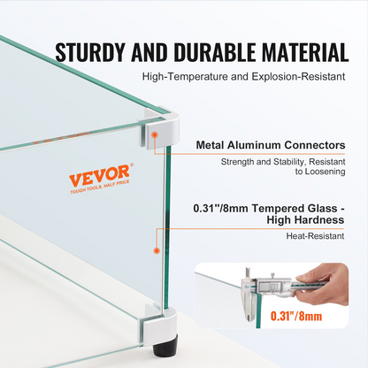 VEVOR Glass Wind Guard for Rectangular Fire Pit Table 924 x 417 x 191 mm, 8mm Thick and Sturdy Tempered Glass Panel with Hard Aluminum Corner Bracket & Rubber Feet, Easy to Assemble