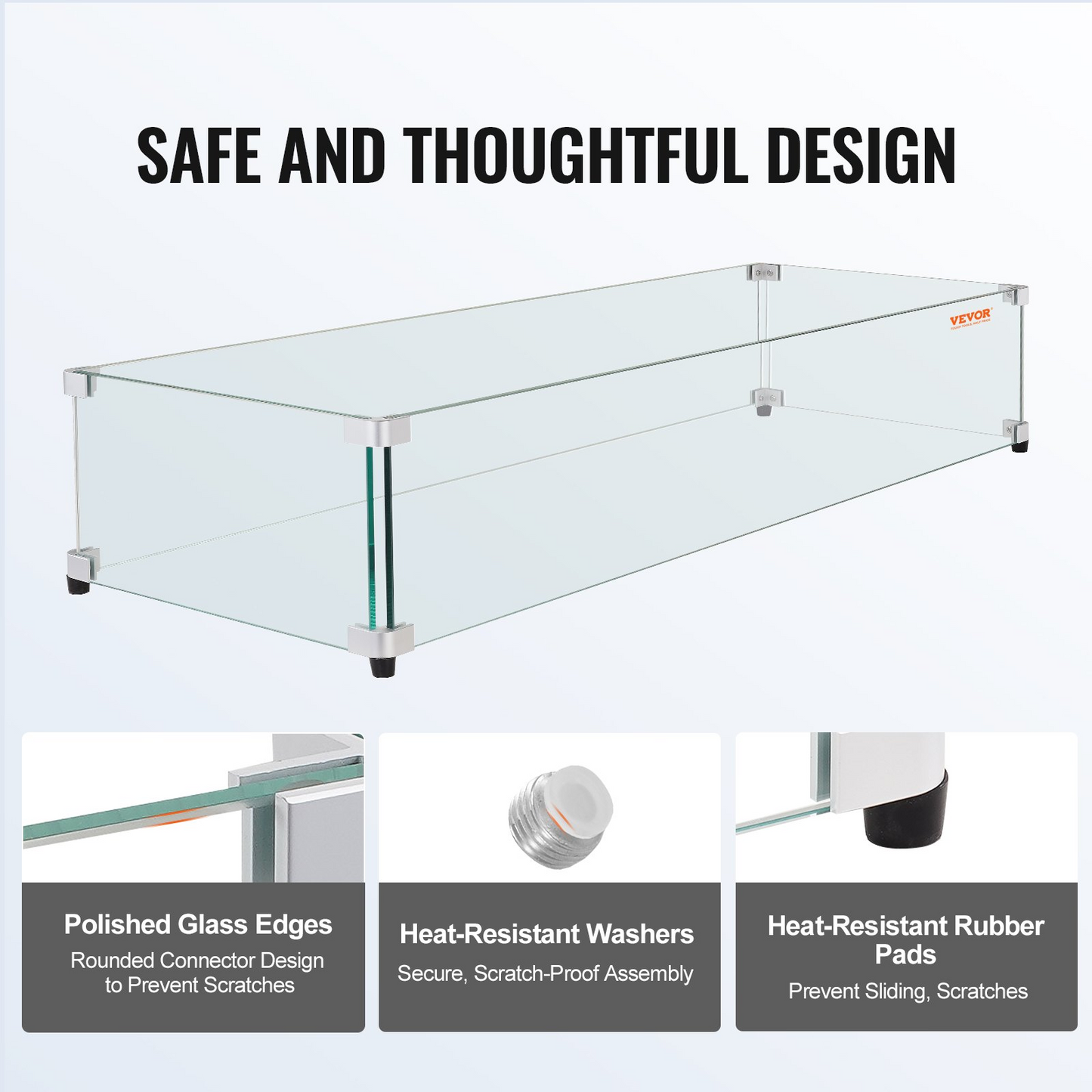 VEVOR Glass Wind Guard for Rectangular Fire Pit Table 924 x 417 x 191 mm, 8mm Thick and Sturdy Tempered Glass Panel with Hard Aluminum Corner Bracket & Rubber Feet, Easy to Assemble