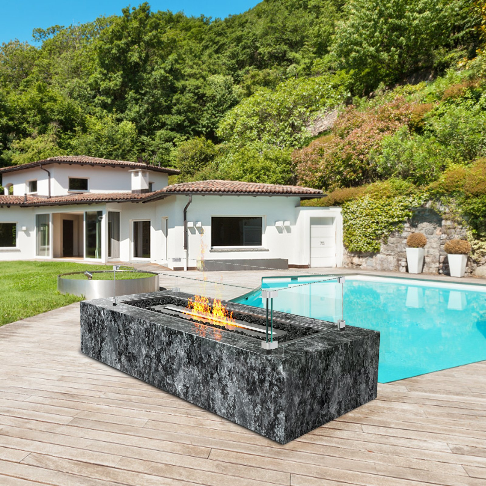 VEVOR Glass Wind Guard for Rectangular Fire Pit Table 1128 x 367 x 191 mm, 8mm Thick and Sturdy Tempered Glass Panel with Hard Aluminum Corner Bracket & Rubber Feet, Easy to Assemble