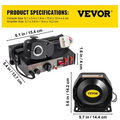VEVOR Police Sirens 200W 9-Tone Car Warning Alarm Handhold Microphone Light Control Switches Emergency Electronic PA System for Cars Fire Trucks