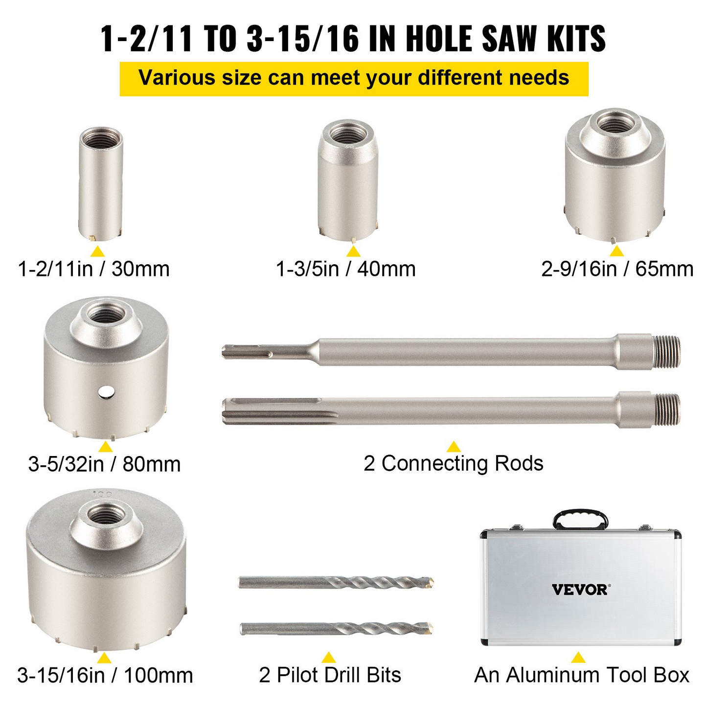 VEVOR Concrete Hole Saw Kit, 30/40/65/80/100mm Drill Bit Set SDS Plus or SDS Max Shank Wall Hole Cutter with 11.8"/300 mm Connecting Rod for Brick, Concrete, Cement, Stone Wall, Masonry, Tile