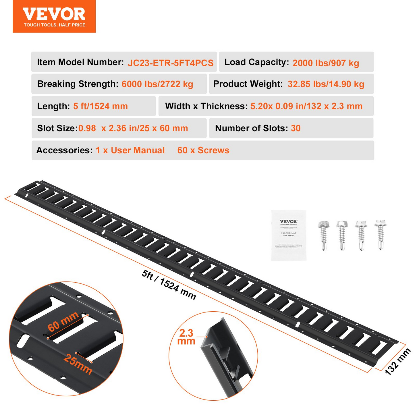 VEVOR E Track Tie Down Rail Kit, 5' Steel Rails, 4 Pack, Secure Cargo & Heavy Loads Up to 2000 lbs, Heavy Duty Etrack Rails with Screws for Garages, Vans, Trailers, Motorcycle Tie Downs, ATV Mountings
