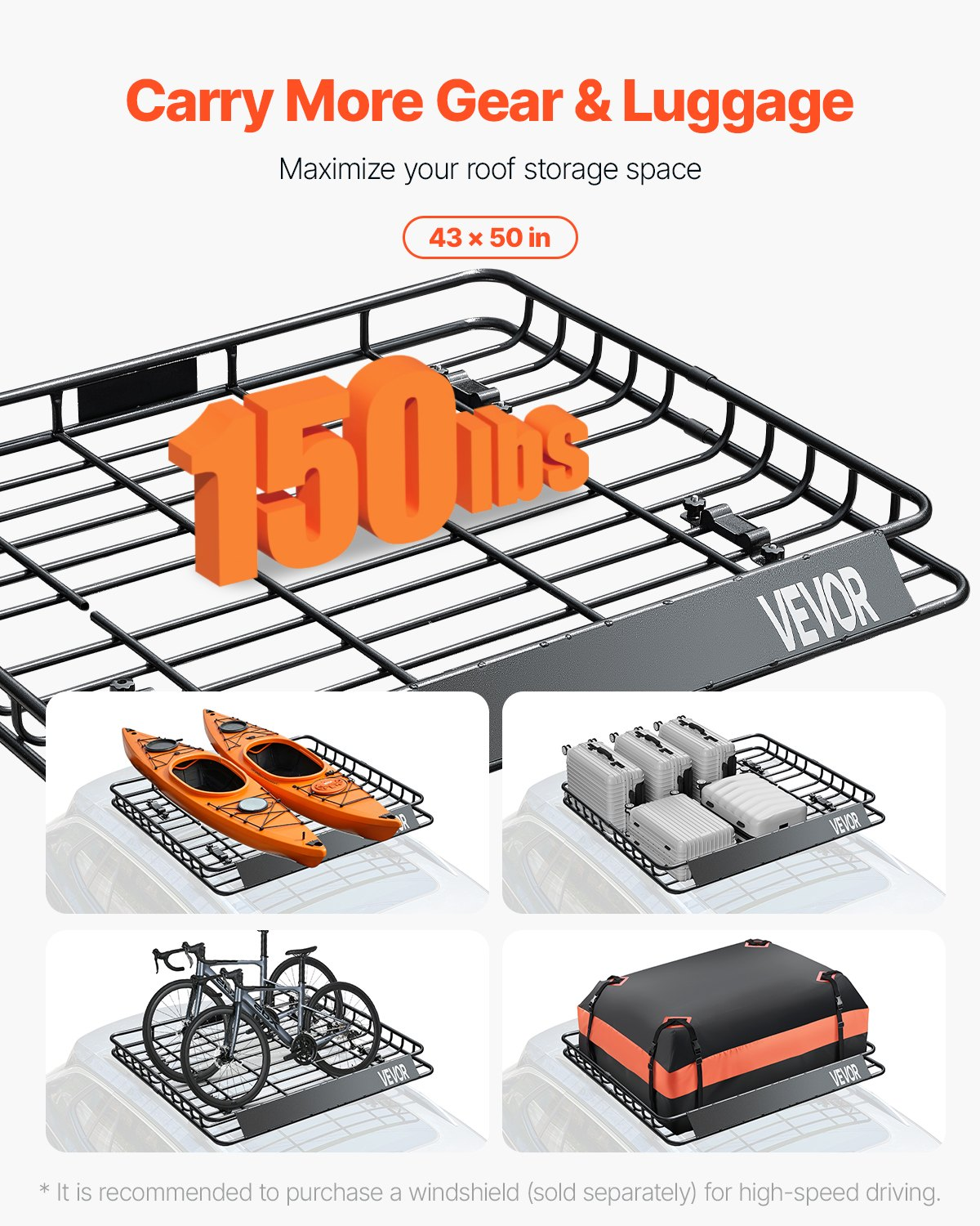 VEVOR Roof Rack Cargo Carrier Basket 43 x 50 x 4.1 in Car Top Luggage Holder
