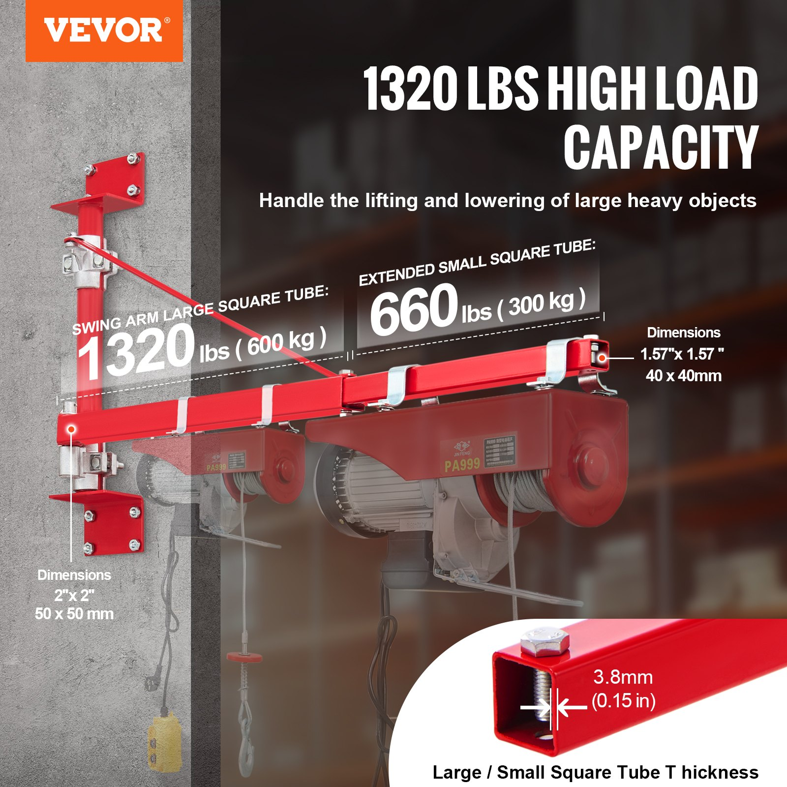 VEVOR Electric Hoist Support Arm, 600 kg Max Load Capacity, Electric Hoist Holder Swing Arm with Pole, Steel Hoist Frame, 180° Swivel Scaffold Hoist Lifting Arm, Winch Hoist Arm for Workshop, Garage