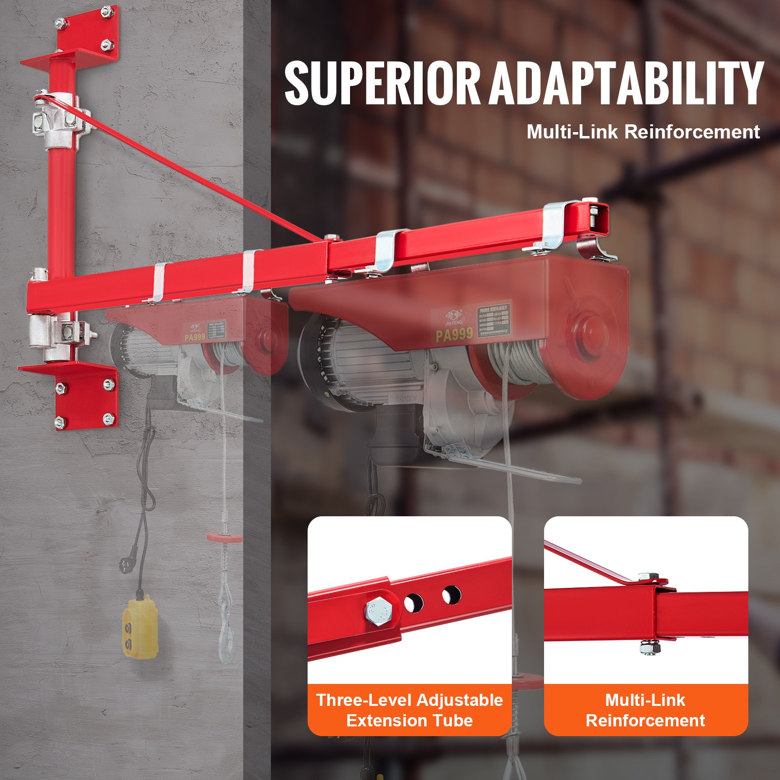VEVOR Electric Hoist Support Arm, 600 kg Max Load Capacity, Electric Hoist Holder Swing Arm with Pole, Steel Hoist Frame, 180° Swivel Scaffold Hoist Lifting Arm, Winch Hoist Arm for Workshop, Garage