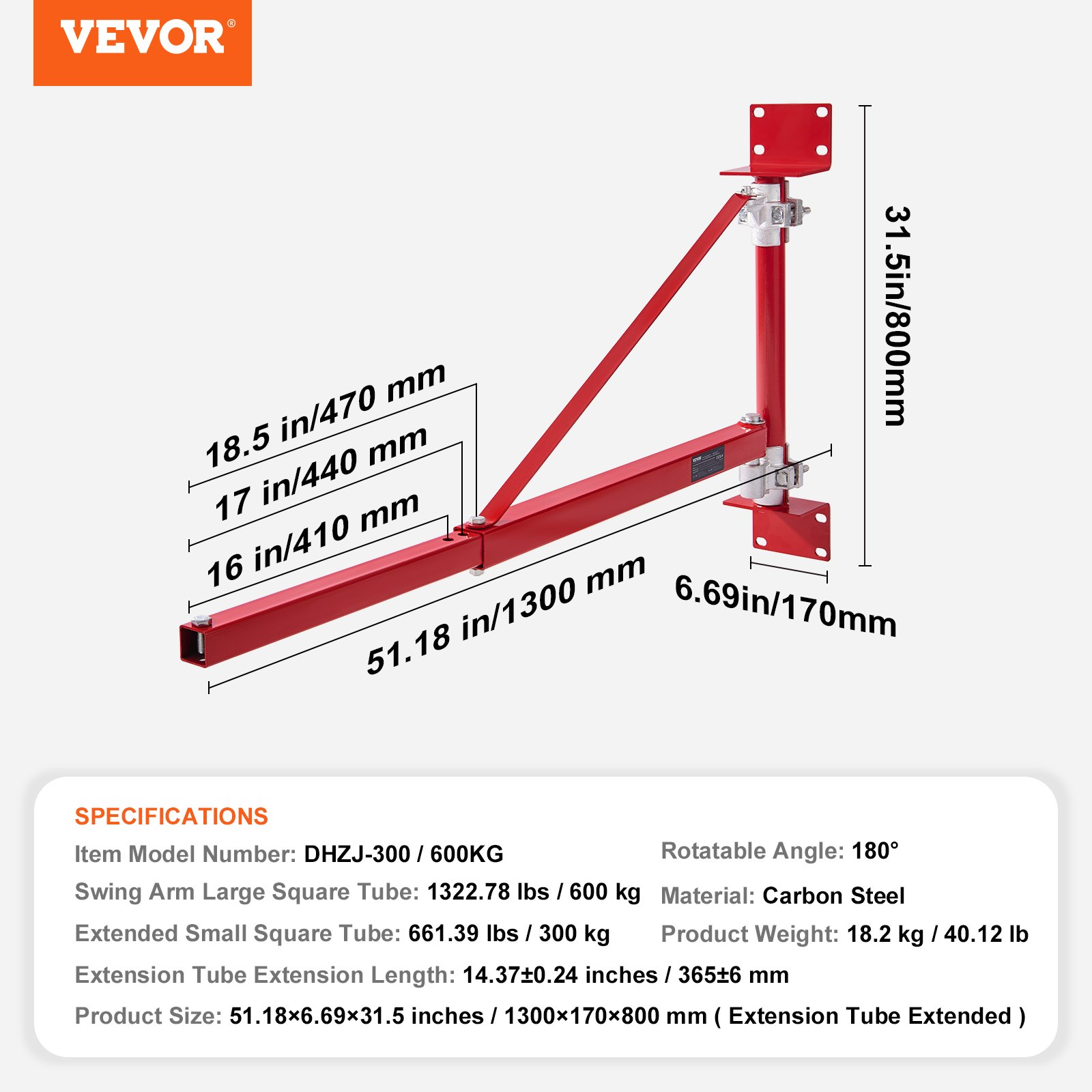 VEVOR Electric Hoist Support Arm, 600 kg Max Load Capacity, Electric Hoist Holder Swing Arm with Pole, Steel Hoist Frame, 180° Swivel Scaffold Hoist Lifting Arm, Winch Hoist Arm for Workshop, Garage