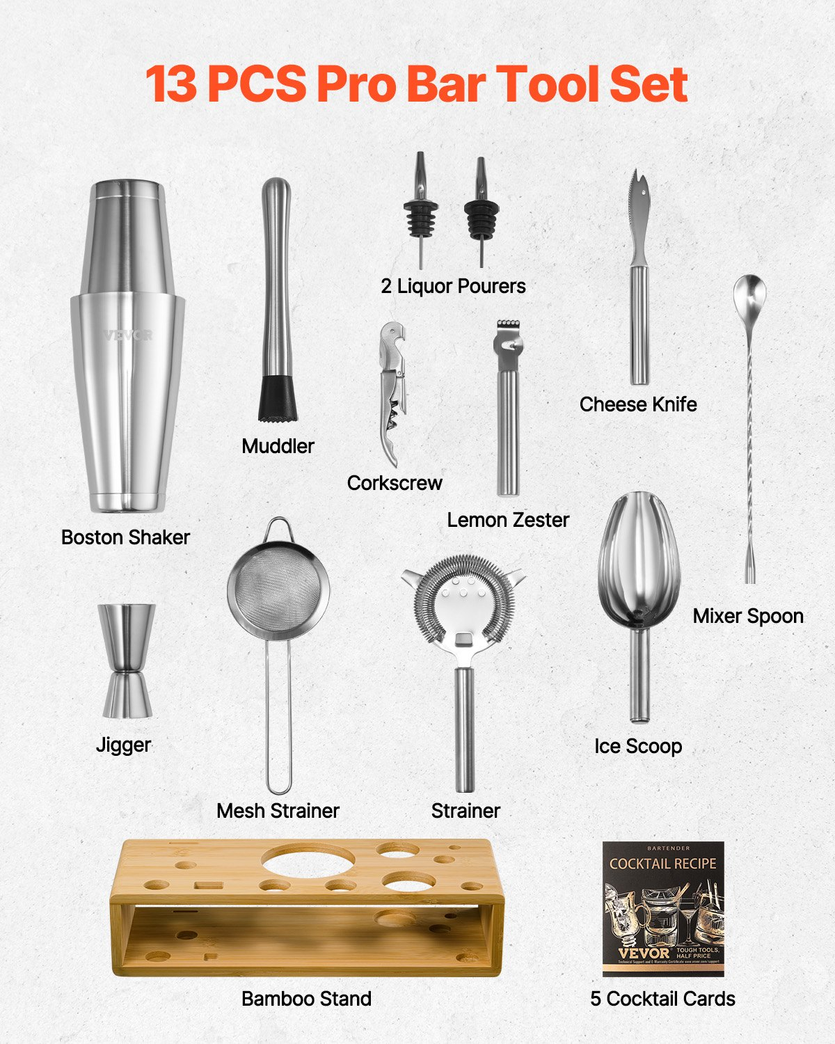 VEVOR Cocktail Shaker Set 13 Pcs Bartender Kit Stainless Steel Bar Tools Silver