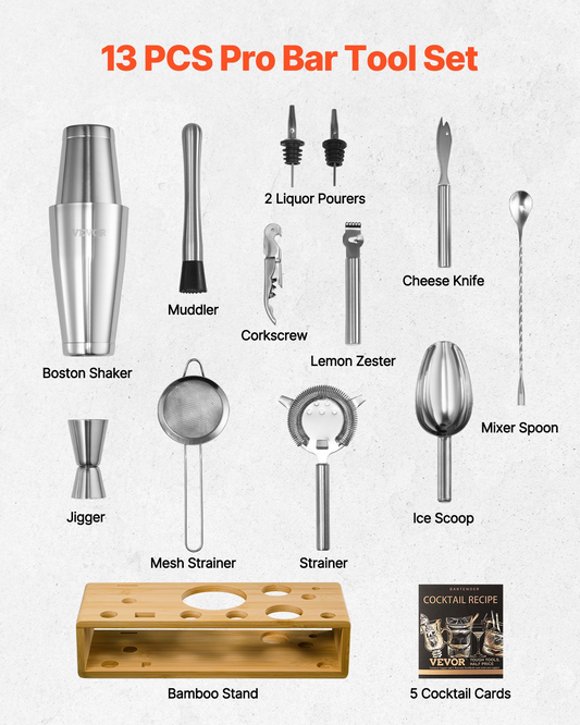 VEVOR Cocktail Shaker Set 13 Pcs Bartender Kit Stainless Steel Bar Tools Silver