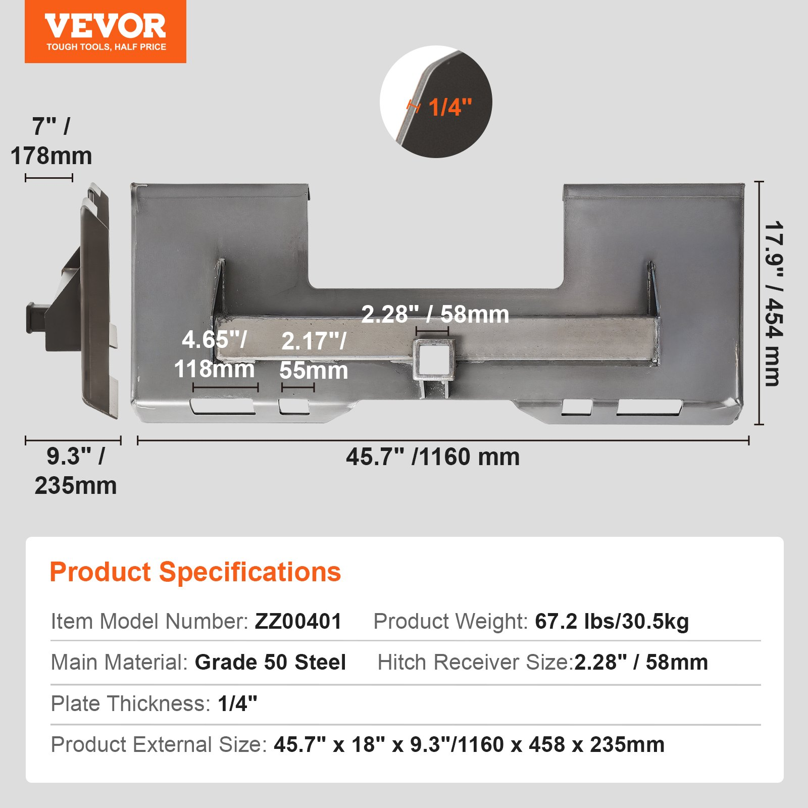 VEVOR 1/4" Skid Steer Attachment Plate Quick Attachment with 2.28" Receiver
