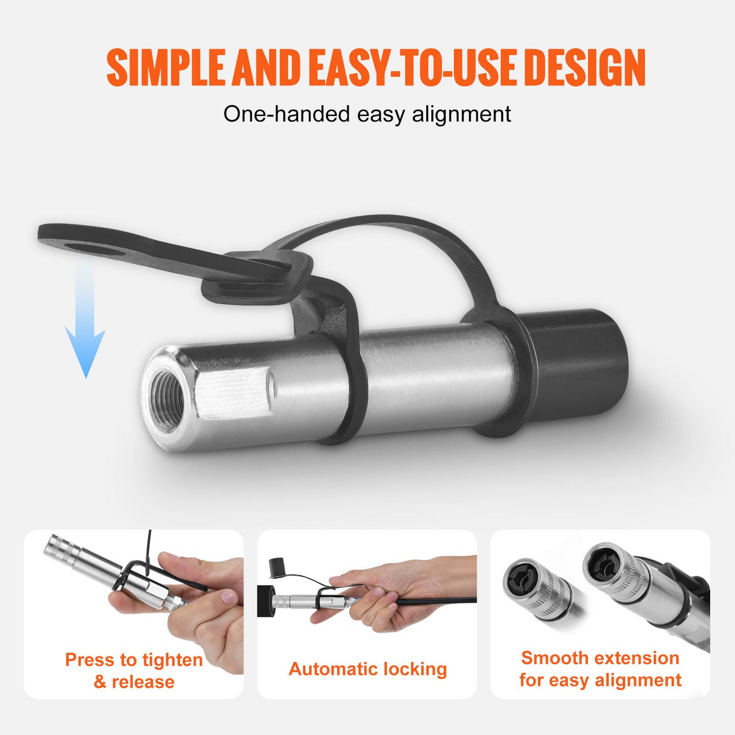 VEVOR Grease Gun Coupler 2 PCS, 10000 PSI High Pressure, 3-Jaw Locking, Quick Release Grease Gun Tip with Hose/Zerk Fittings Cleaner/Leak-Proof Cap, Compatible with All Grease Guns 1/8" NPT Fittings