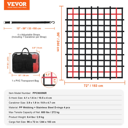 VEVOR Cargo Net Heavy Duty Cargo Net 96" x 72" Adjustable Buckles & S-Hooks