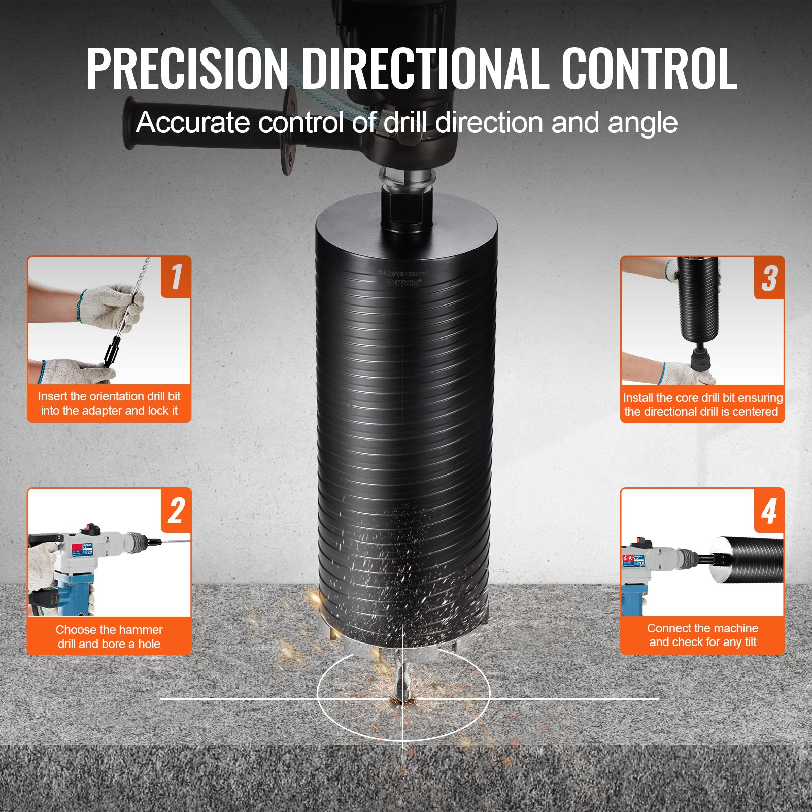 VEVOR Core Drill Bit, 10.8 cm Wet/Dry Diamond Core Drill Bits for Brick and Block, Concrete Core Drill Bit with Pilot Bit Adapter and Saw Blade, 24.1 cm Drilling Depth, 1.6 cm-11 Inner Thread, Laser Welding