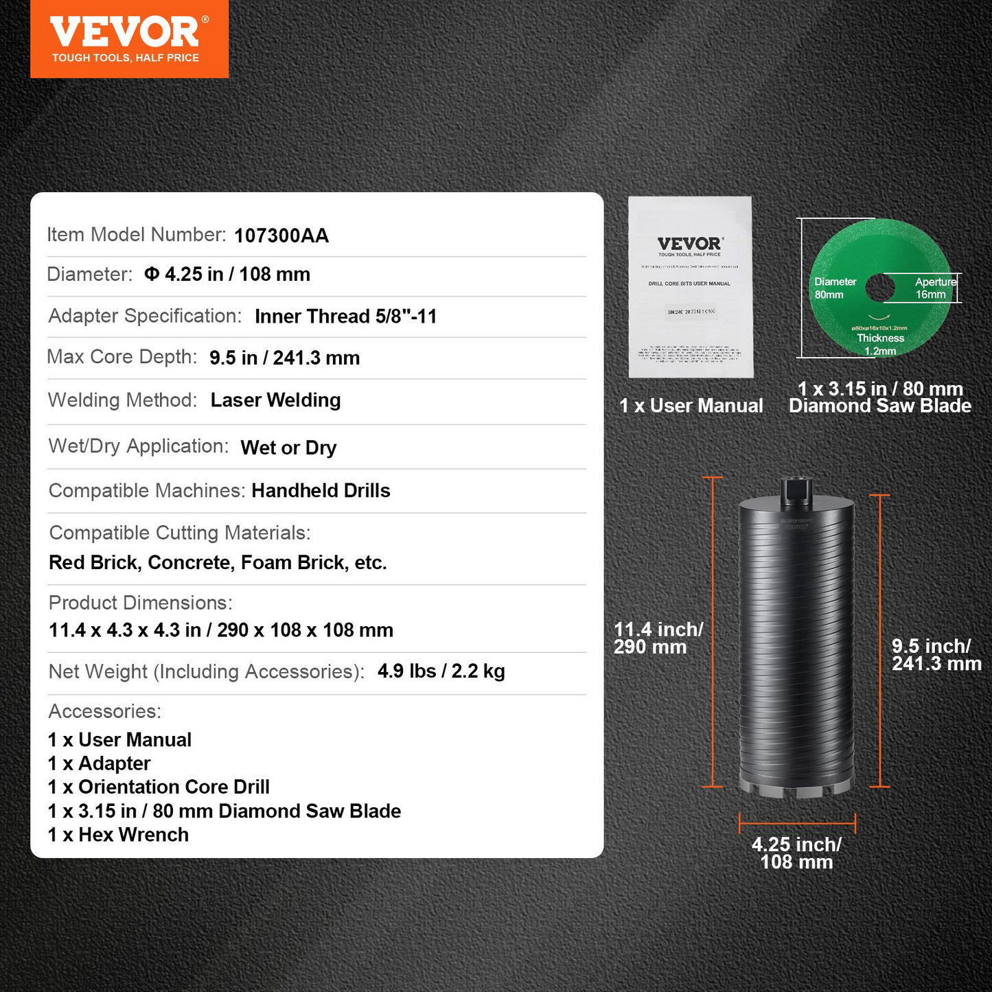 VEVOR Core Drill Bit, 10.8 cm Wet/Dry Diamond Core Drill Bits for Brick and Block, Concrete Core Drill Bit with Pilot Bit Adapter and Saw Blade, 24.1 cm Drilling Depth, 1.6 cm-11 Inner Thread, Laser Welding