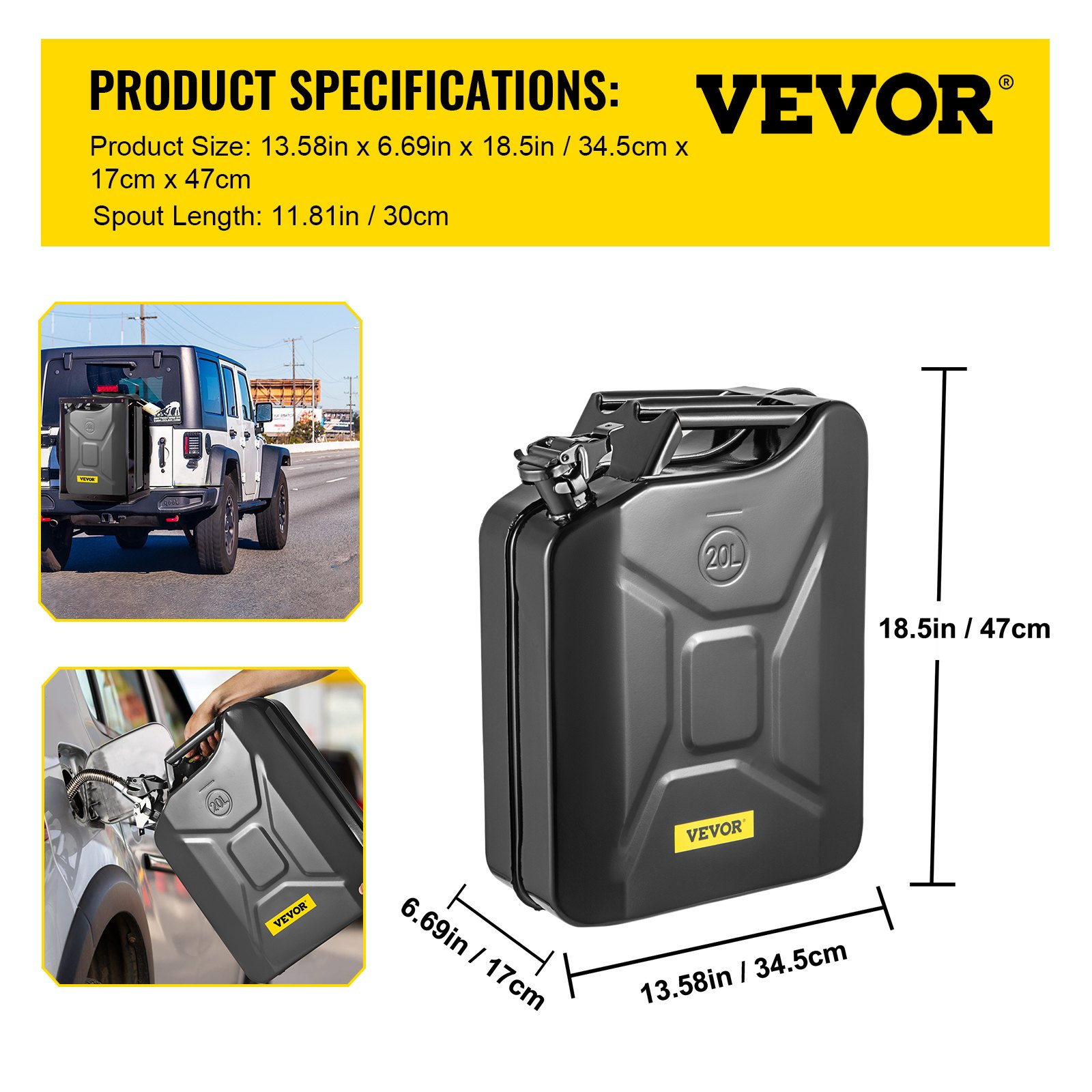 VEVOR Oil Can 5.3 Gal / 20L Fuel Can with Flexible Spout for Cars Black