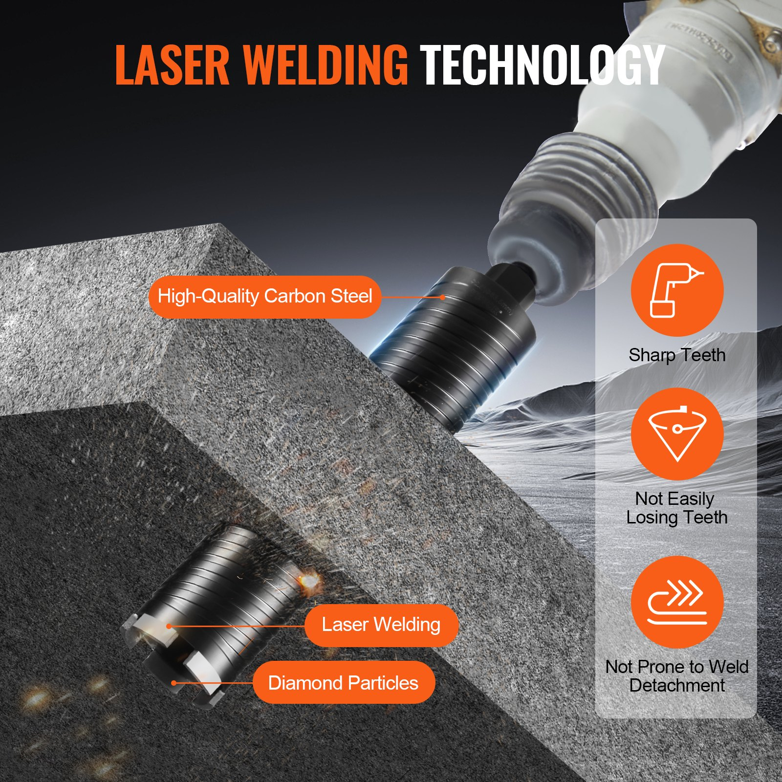 VEVOR Core Drill Bit, 6.3 cm Wet/Dry Diamond Core Drill Bits for Brick and Block, Concrete Core Drill Bit with Pilot Bit Adapter and Saw Blade, 24.1 cm Drilling Depth, 1.6 cm-11 Inner Thread, Laser Welding