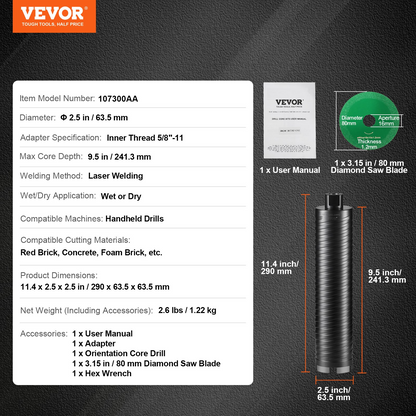 VEVOR Core Drill Bit, 6.3 cm Wet/Dry Diamond Core Drill Bits for Brick and Block, Concrete Core Drill Bit with Pilot Bit Adapter and Saw Blade, 24.1 cm Drilling Depth, 1.6 cm-11 Inner Thread, Laser Welding
