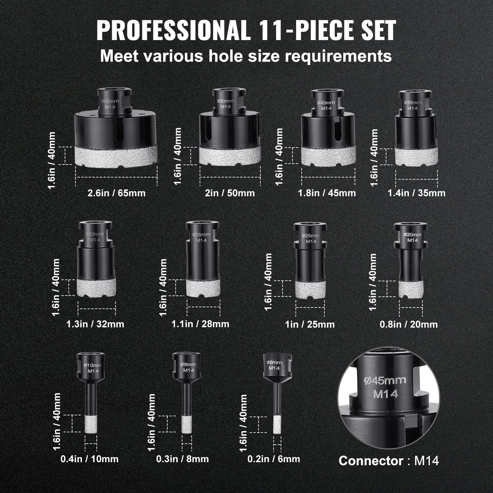 VEVOR Diamond Core Drill Bit Set, 11 PCS 6/8/10/20/25/28/32/35/45/50/65mm Diamond Hole Saw Kit, with M14 Connector and Storage Case for Dry and Wet, Diamond Drill Bits for Tile Ceramic