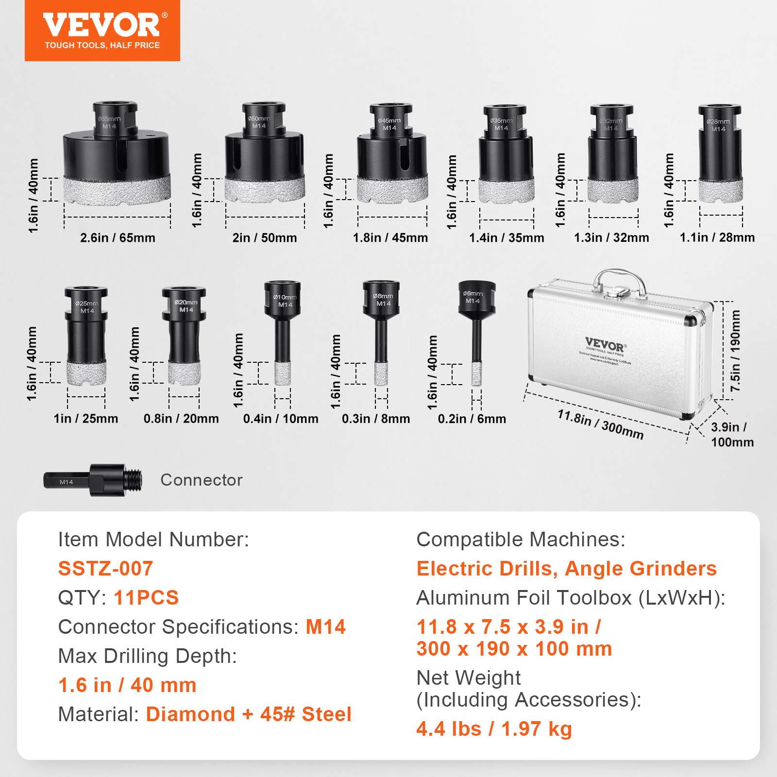 VEVOR Diamond Core Drill Bit Set, 11 PCS 6/8/10/20/25/28/32/35/45/50/65mm Diamond Hole Saw Kit, with M14 Connector and Storage Case for Dry and Wet, Diamond Drill Bits for Tile Ceramic