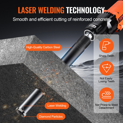 VEVOR Core Drill Bit, 5.1 cm Wet Diamond Core Drill Bits, 35.6 cm Drilling Depth Concrete Core Drill Bit with Saw Blade, 3.2 cm-7 Inner Thread, Laser Welding, Diamond Wet Coring Bit for Concrete Brick