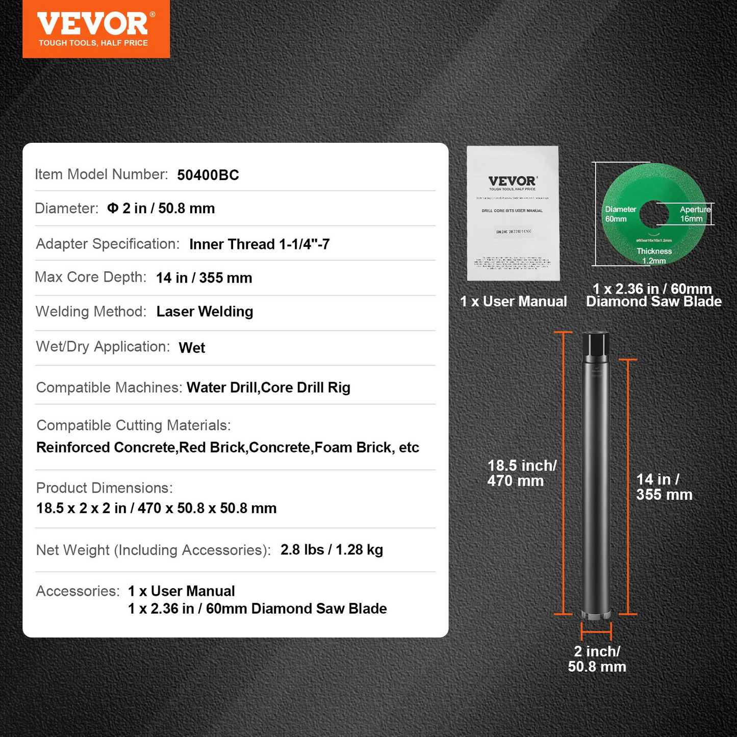 VEVOR Core Drill Bit, 5.1 cm Wet Diamond Core Drill Bits, 35.6 cm Drilling Depth Concrete Core Drill Bit with Saw Blade, 3.2 cm-7 Inner Thread, Laser Welding, Diamond Wet Coring Bit for Concrete Brick
