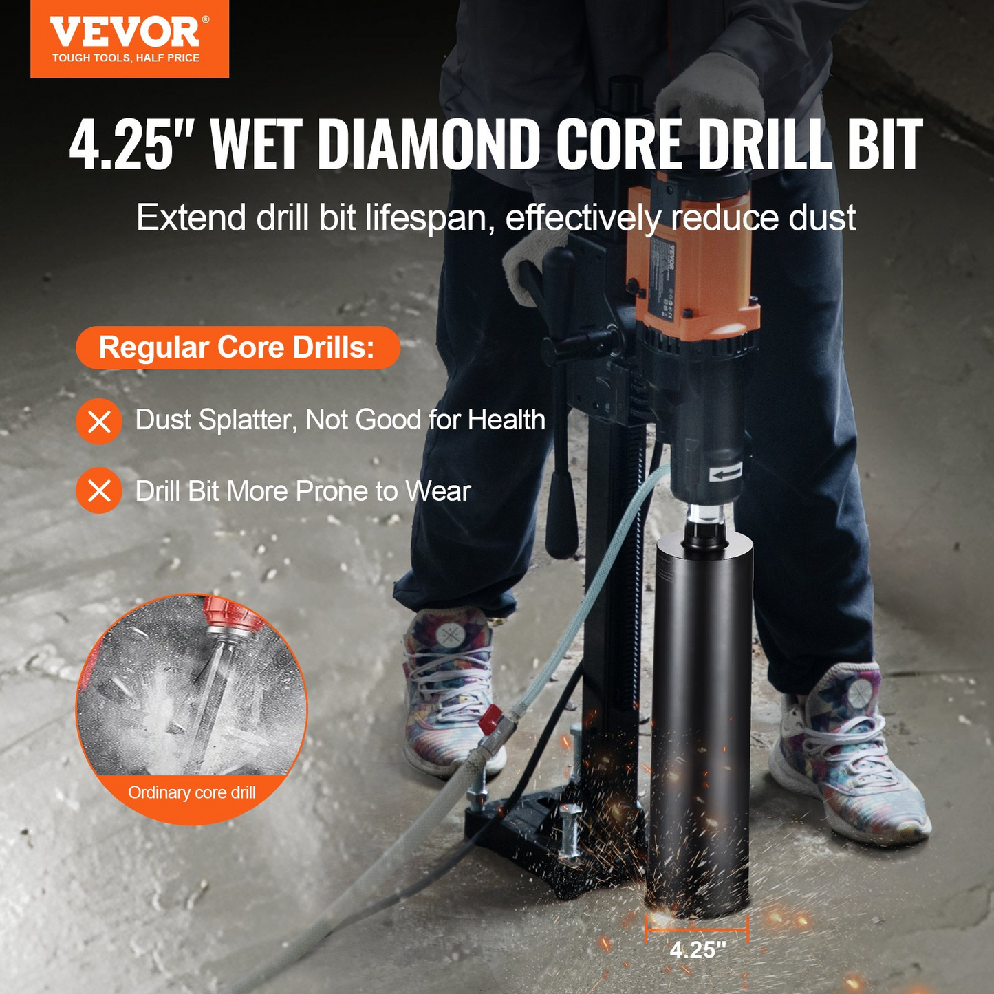 VEVOR Core Drill Bit, 10.8 cm Wet Diamond Core Drill Bits, 35.6 cm Drilling Depth Concrete Core Drill Bit with Saw Blade, 3.2 cm-7 Inner Thread, Laser Welding, Diamond Wet Coring Bit for Concrete Brick