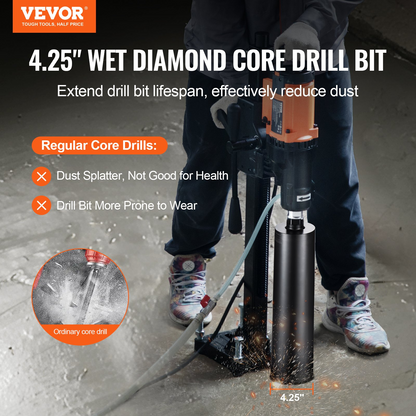 VEVOR Core Drill Bit, 10.8 cm Wet Diamond Core Drill Bits, 35.6 cm Drilling Depth Concrete Core Drill Bit with Saw Blade, 3.2 cm-7 Inner Thread, Laser Welding, Diamond Wet Coring Bit for Concrete Brick