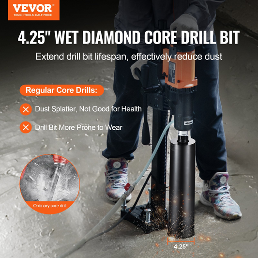 VEVOR Core Drill Bit, 10.8 cm Wet Diamond Core Drill Bits, 35.6 cm Drilling Depth Concrete Core Drill Bit with Saw Blade, 3.2 cm-7 Inner Thread, Laser Welding, Diamond Wet Coring Bit for Concrete Brick