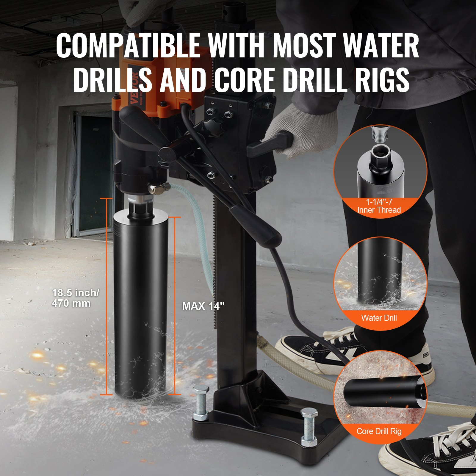 VEVOR Core Drill Bit, 10.8 cm Wet Diamond Core Drill Bits, 35.6 cm Drilling Depth Concrete Core Drill Bit with Saw Blade, 3.2 cm-7 Inner Thread, Laser Welding, Diamond Wet Coring Bit for Concrete Brick