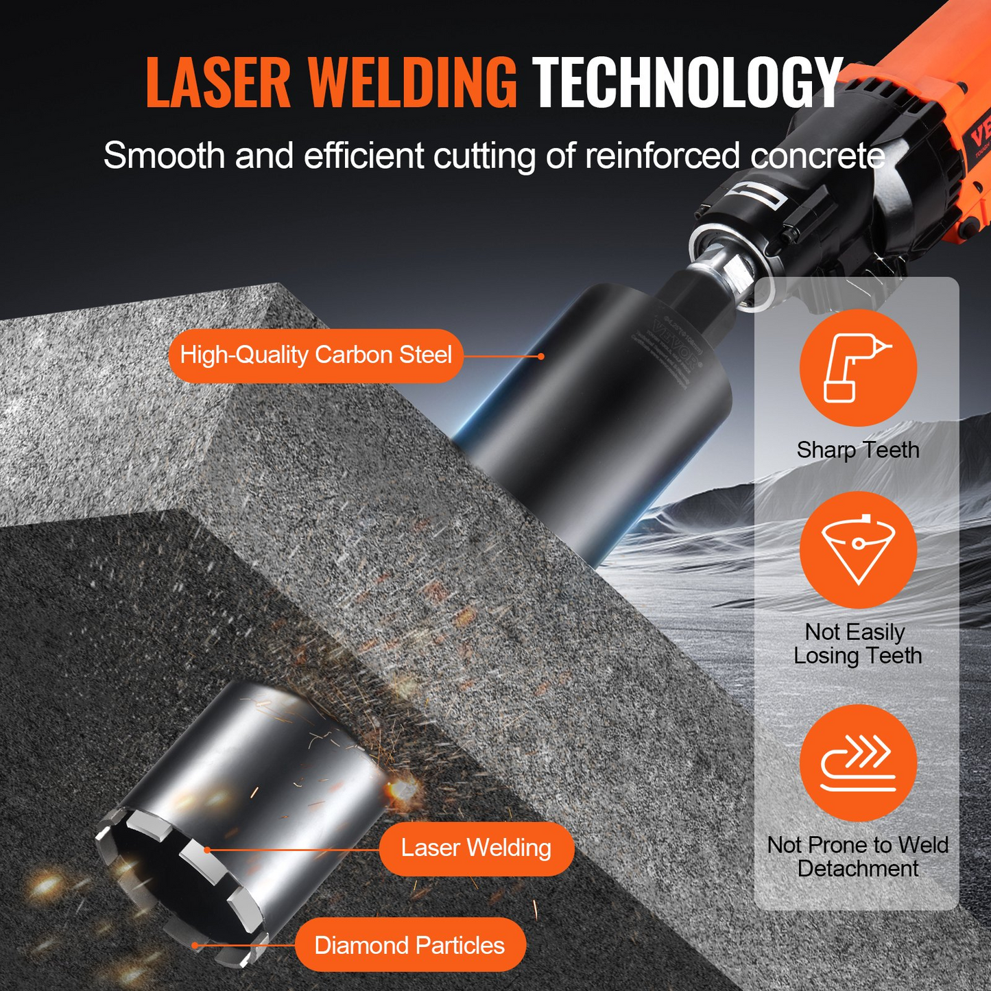 VEVOR Core Drill Bit, 10.8 cm Wet Diamond Core Drill Bits, 35.6 cm Drilling Depth Concrete Core Drill Bit with Saw Blade, 3.2 cm-7 Inner Thread, Laser Welding, Diamond Wet Coring Bit for Concrete Brick