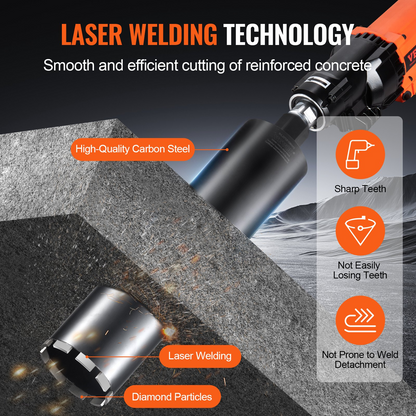 VEVOR Core Drill Bit, 10.8 cm Wet Diamond Core Drill Bits, 35.6 cm Drilling Depth Concrete Core Drill Bit with Saw Blade, 3.2 cm-7 Inner Thread, Laser Welding, Diamond Wet Coring Bit for Concrete Brick
