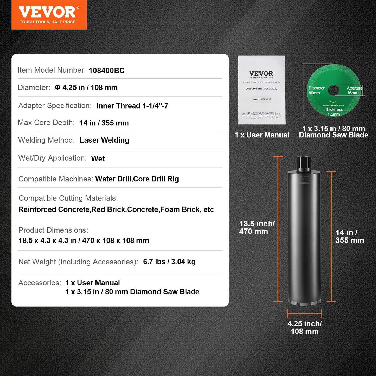 VEVOR Core Drill Bit, 10.8 cm Wet Diamond Core Drill Bits, 35.6 cm Drilling Depth Concrete Core Drill Bit with Saw Blade, 3.2 cm-7 Inner Thread, Laser Welding, Diamond Wet Coring Bit for Concrete Brick