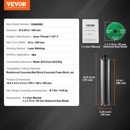 VEVOR Core Drill Bit, 10.8 cm Wet Diamond Core Drill Bits, 35.6 cm Drilling Depth Concrete Core Drill Bit with Saw Blade, 3.2 cm-7 Inner Thread, Laser Welding, Diamond Wet Coring Bit for Concrete Brick