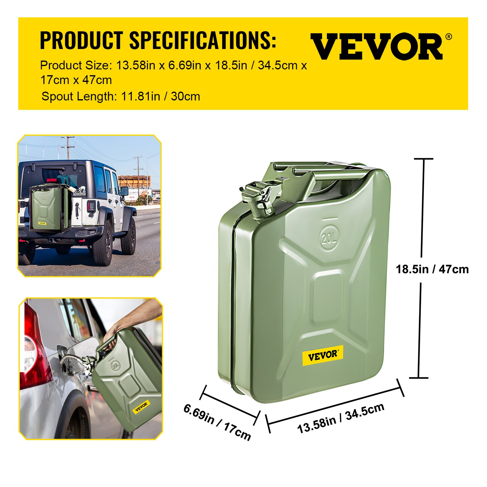 VEVOR Oil Can 5.3 Gal / 20L Fuel Can with Flexible Spout for Cars Green