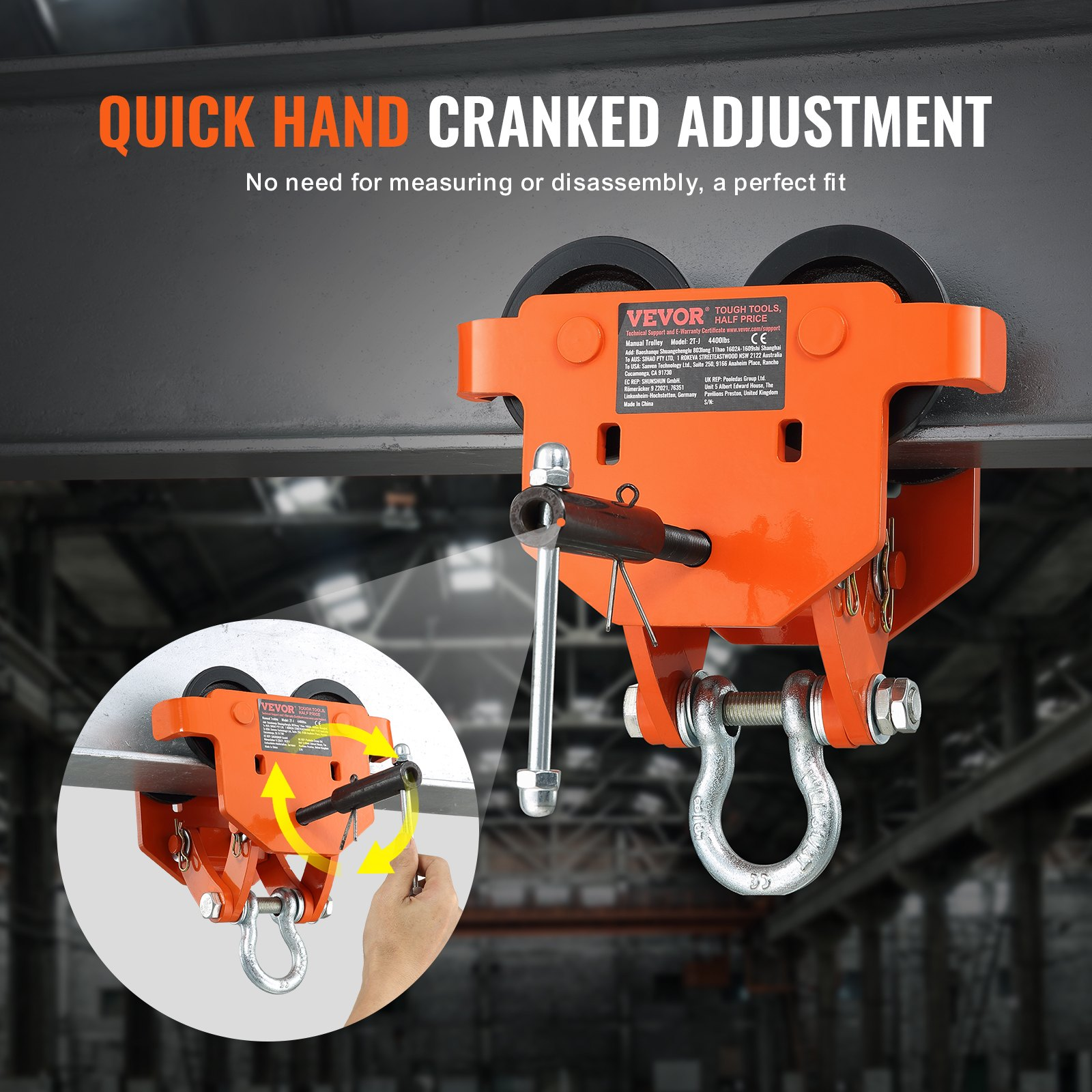 VEVOR Manual Trolley, 4400 lbs/2 Ton Load Capacity, Push Beam Trolley with Dual Wheels, Adjustable for I-Beam Flange Width 2.8" to 6.7", Heavy Duty Alloy Steel Garage Hoist for Straight Curved I Beam