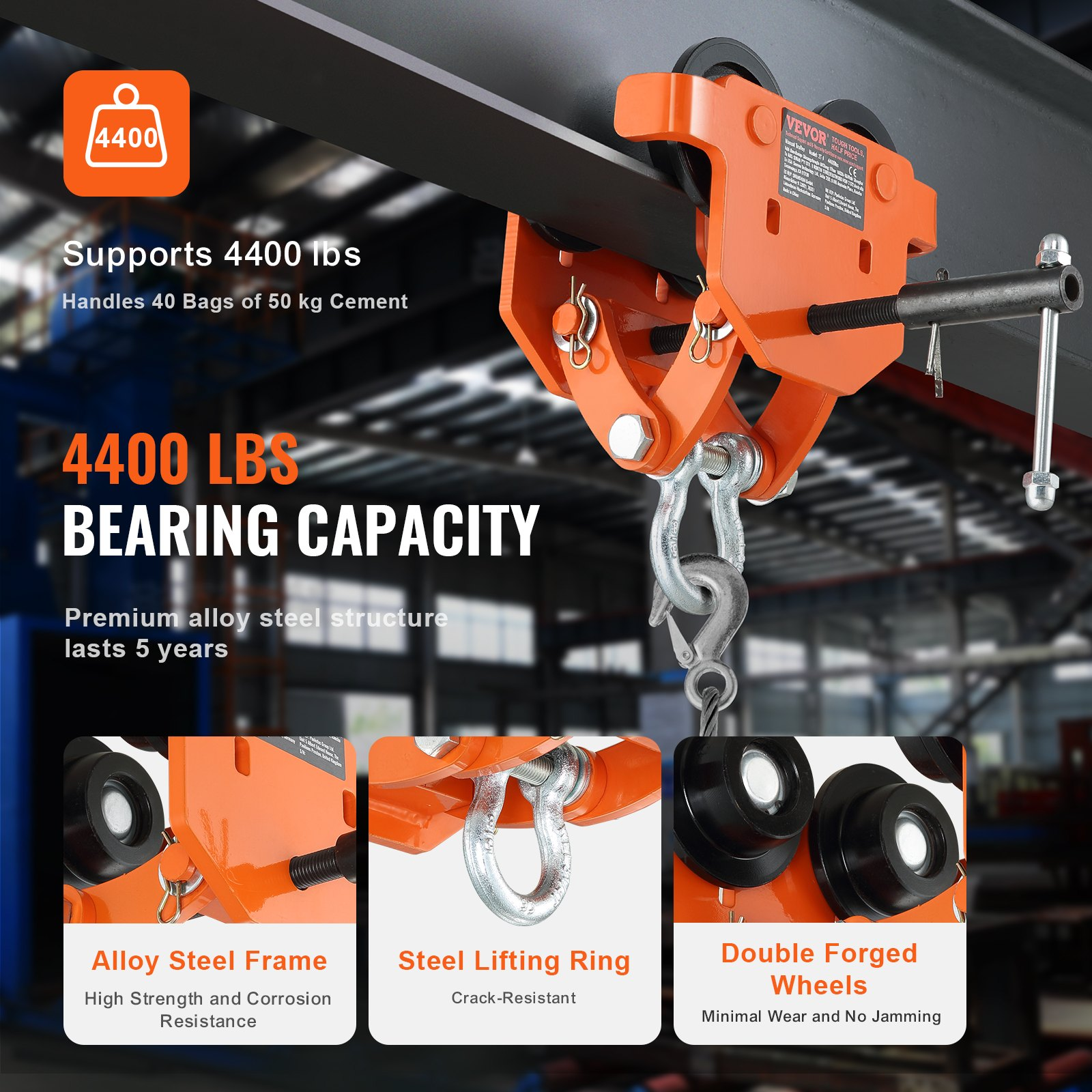 VEVOR Manual Trolley, 4400 lbs/2 Ton Load Capacity, Push Beam Trolley with Dual Wheels, Adjustable for I-Beam Flange Width 2.8" to 6.7", Heavy Duty Alloy Steel Garage Hoist for Straight Curved I Beam
