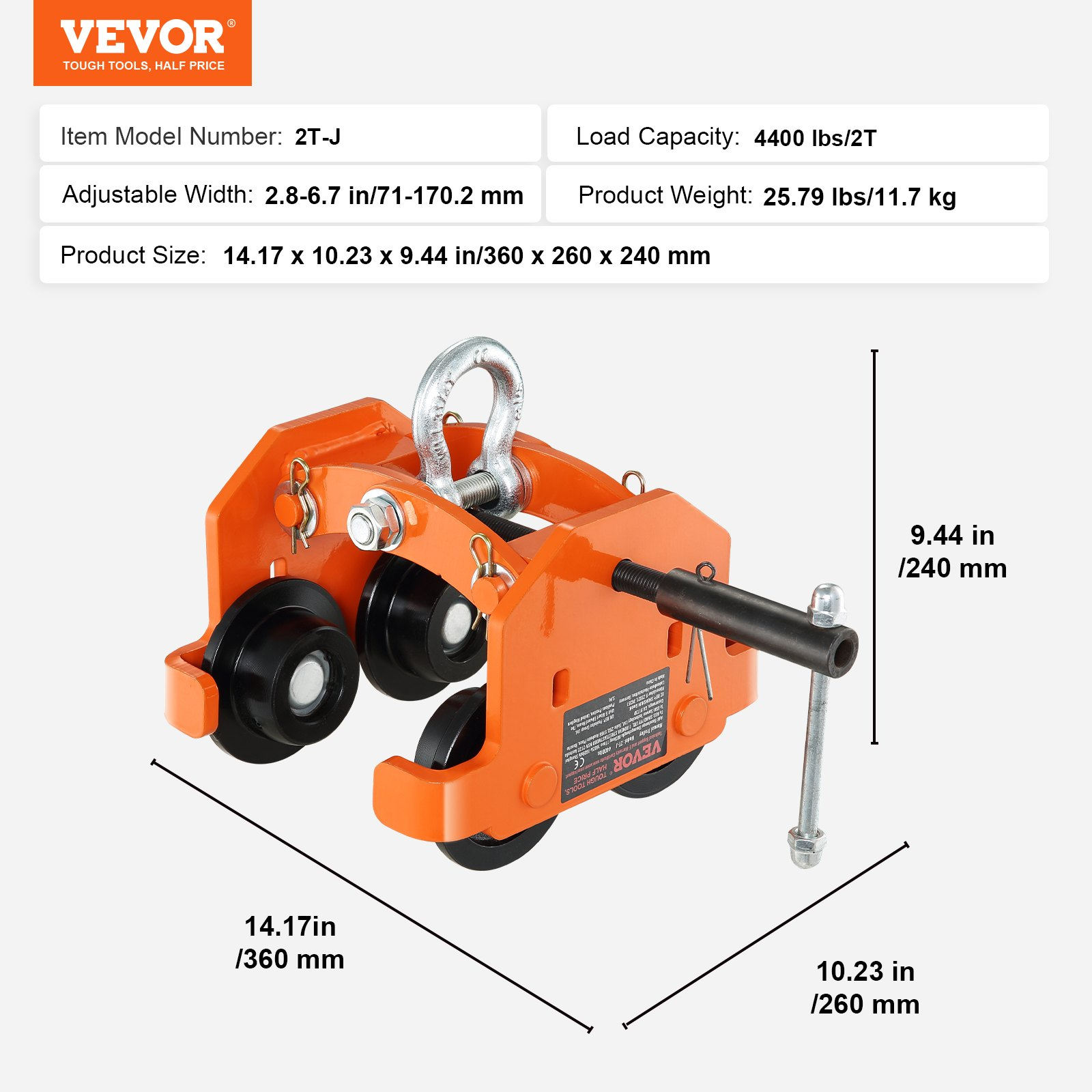 VEVOR Manual Trolley, 4400 lbs/2 Ton Load Capacity, Push Beam Trolley with Dual Wheels, Adjustable for I-Beam Flange Width 2.8" to 6.7", Heavy Duty Alloy Steel Garage Hoist for Straight Curved I Beam