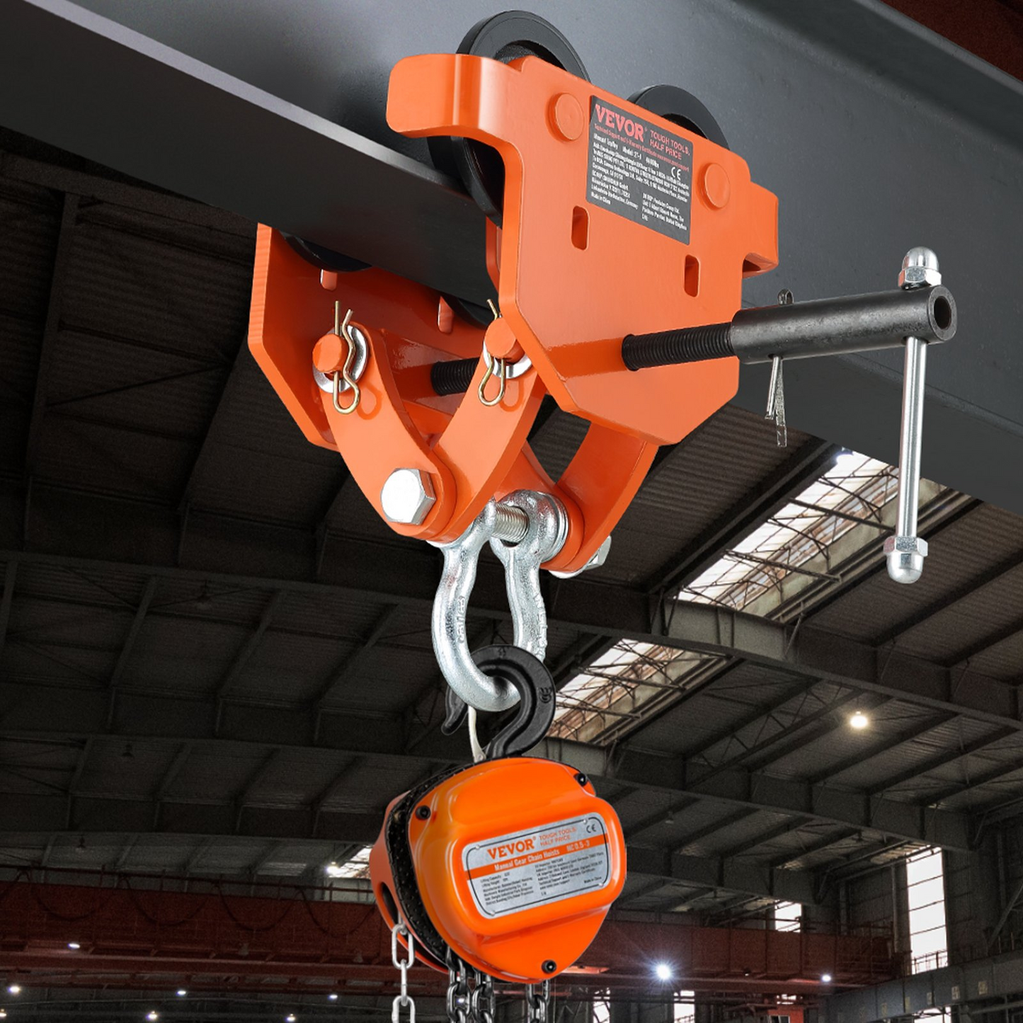 VEVOR Manual Trolley, 4400 lbs/2 Ton Load Capacity, Push Beam Trolley with Dual Wheels, Adjustable for I-Beam Flange Width 2.8" to 6.7", Heavy Duty Alloy Steel Garage Hoist for Straight Curved I Beam