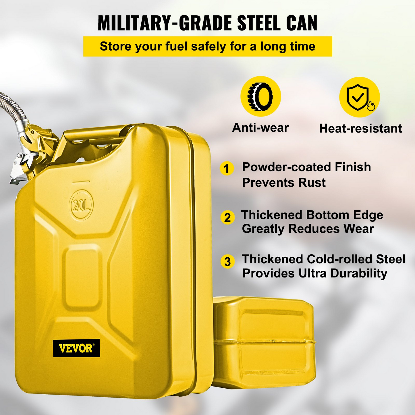 VEVOR Jerry Fuel Can, 5.3 Gallon / 20 L Portable Jerry Gas Can with Flexible Spout System, Rustproof ＆ Heat-resistant Steel Fuel Tank for Cars Trucks Equipment, Yellow