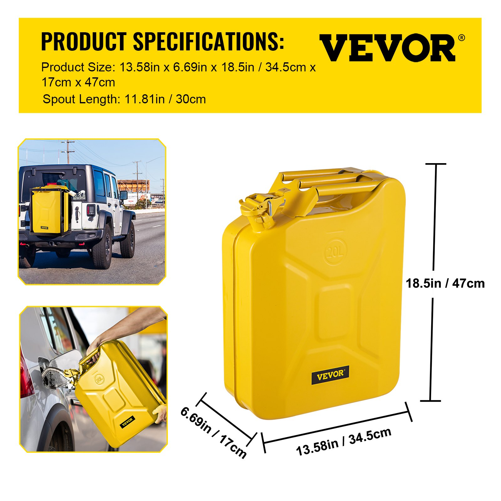 VEVOR Jerry Fuel Can, 5.3 Gallon / 20 L Portable Jerry Gas Can with Flexible Spout System, Rustproof ＆ Heat-resistant Steel Fuel Tank for Cars Trucks Equipment, Yellow