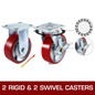 VEVOR 4 Pack 15.24 x 5.08 cm Caster Wheels 2 Rigid and 2 Swivel Casters with Side Brake Polyurethane Iron Core Plate 453.59 kg Capacity Per Wheel