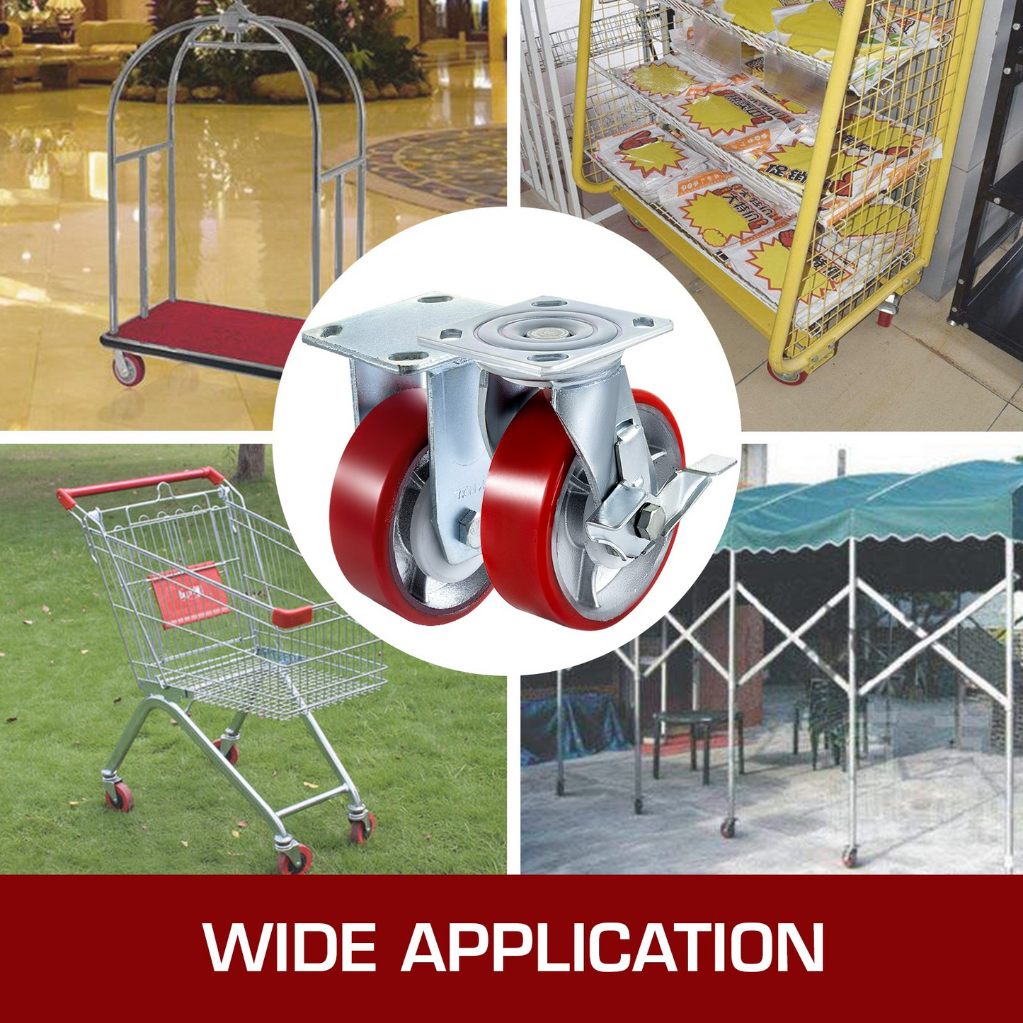 VEVOR 4 Pack 15.24 x 5.08 cm Caster Wheels 2 Rigid and 2 Swivel Casters with Side Brake Polyurethane Iron Core Plate 453.59 kg Capacity Per Wheel