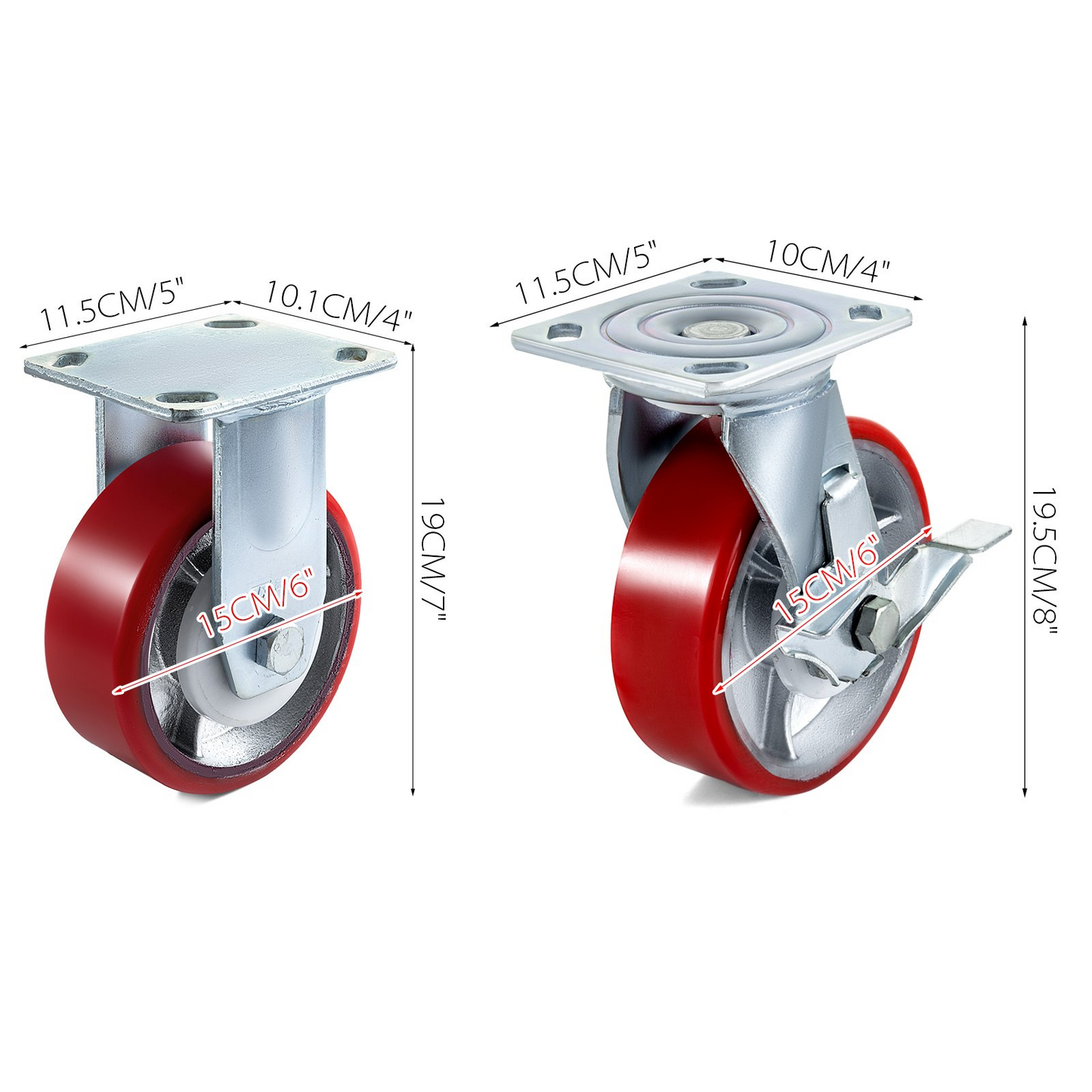 VEVOR 4 Pack 15.24 x 5.08 cm Caster Wheels 2 Rigid and 2 Swivel Casters with Side Brake Polyurethane Iron Core Plate 453.59 kg Capacity Per Wheel